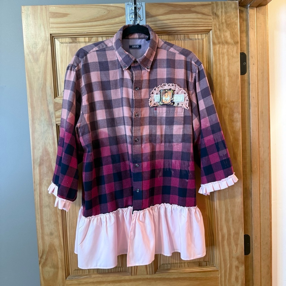 Upcycled Izod Plaid Flannel Bleached Tunic | OOAK | size Large - Picture 3 of 9